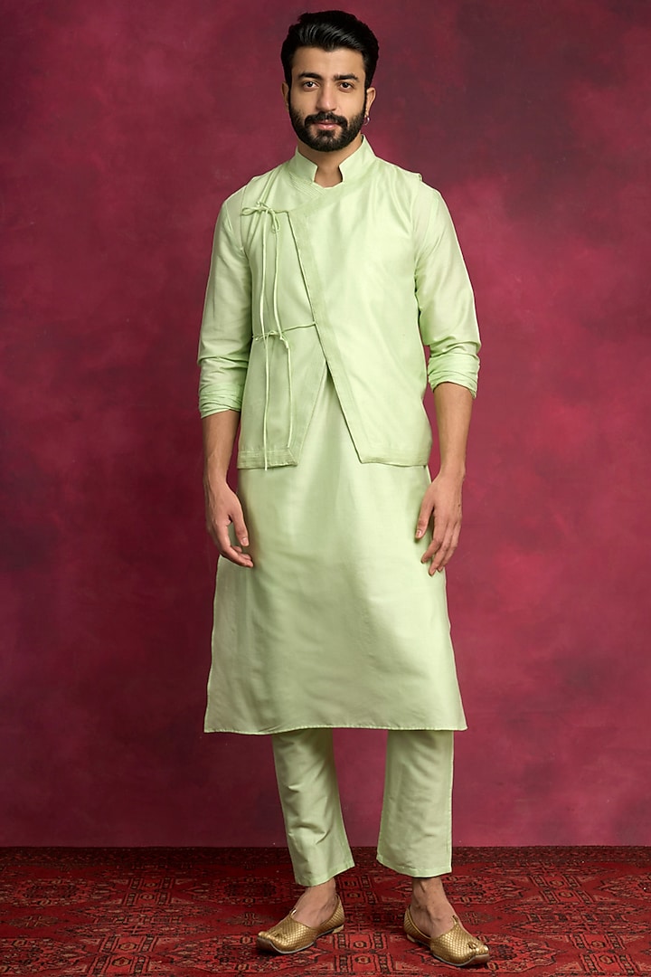 Pistachio Green Cotton Viscose Bundi Jacket Set by ABHISHTI