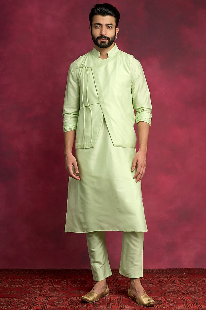 Pistachio Green Cotton Viscose Bundi Jacket Set by ABHISHTI at Pernia's Pop Up Shop