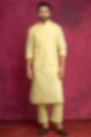 Yellow Cotton Viscose Bundi Jacket Set by ABHISHTI