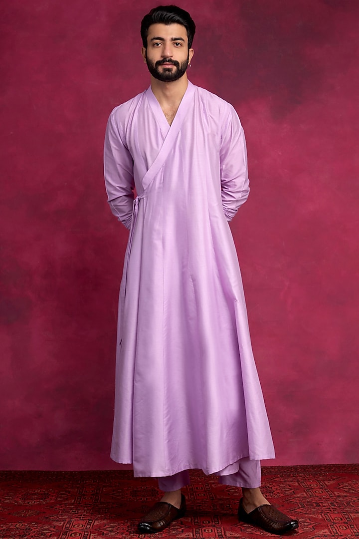 Purple Cotton Viscose Angrakha Kurta Set by ABHISHTI