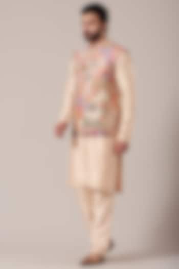 Beige Kurta Set With Multi-Colored Printed Bundi Jacket by Aisha Rao Men