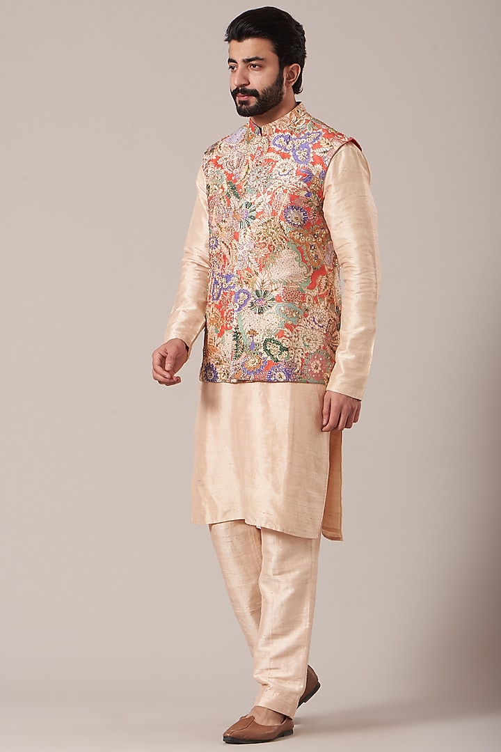 Beige Kurta Set With Multi-Colored Printed Bundi Jacket by Aisha Rao Men