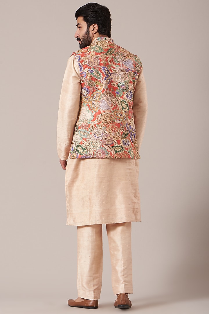 Beige Kurta Set With Multi-Colored Printed Bundi Jacket by Aisha Rao Men at Pernia's Pop Up Shop