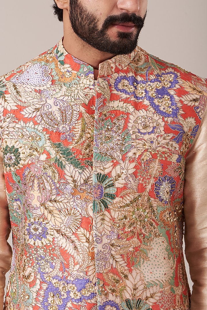 Beige Kurta Set With Multi-Colored Printed Bundi Jacket by Aisha Rao Men at Pernia's Pop Up Shop