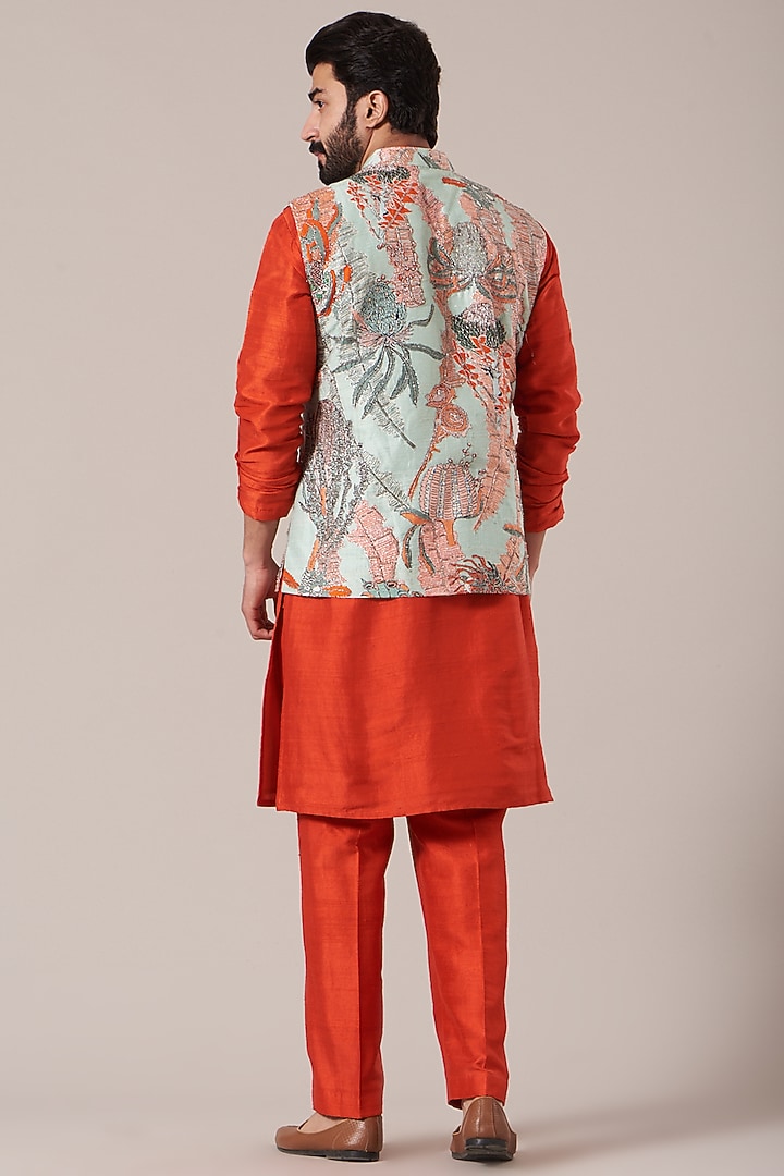 Ice Blue Raw Silk Printed & Embellished Bundi Jacket Set by Aisha Rao Men at Pernia's Pop Up Shop