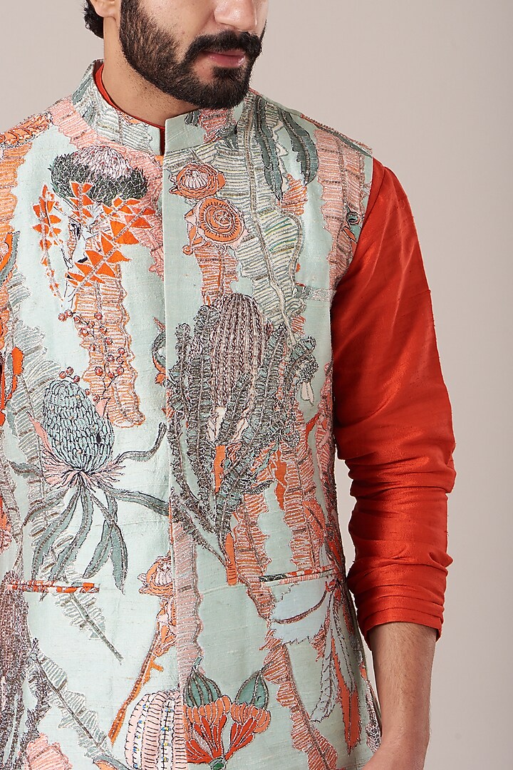 Ice Blue Raw Silk Printed & Embellished Bundi Jacket Set by Aisha Rao Men at Pernia's Pop Up Shop