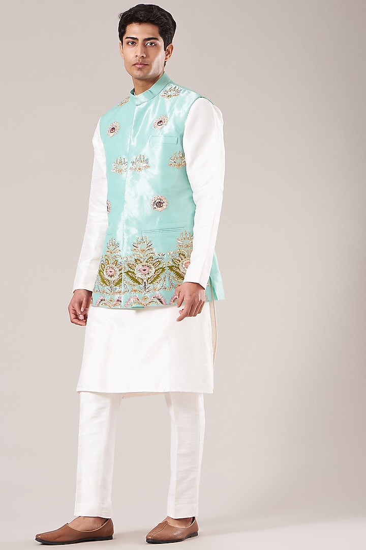 White Kurta Set With Embroidered Bundi Jacket by Aisha Rao Men