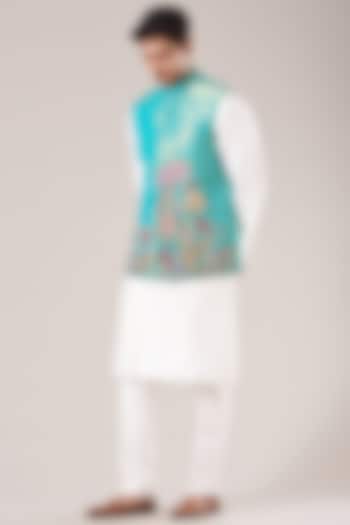 White Kurta Set With Embellished Bundi Jacket by Aisha Rao Men