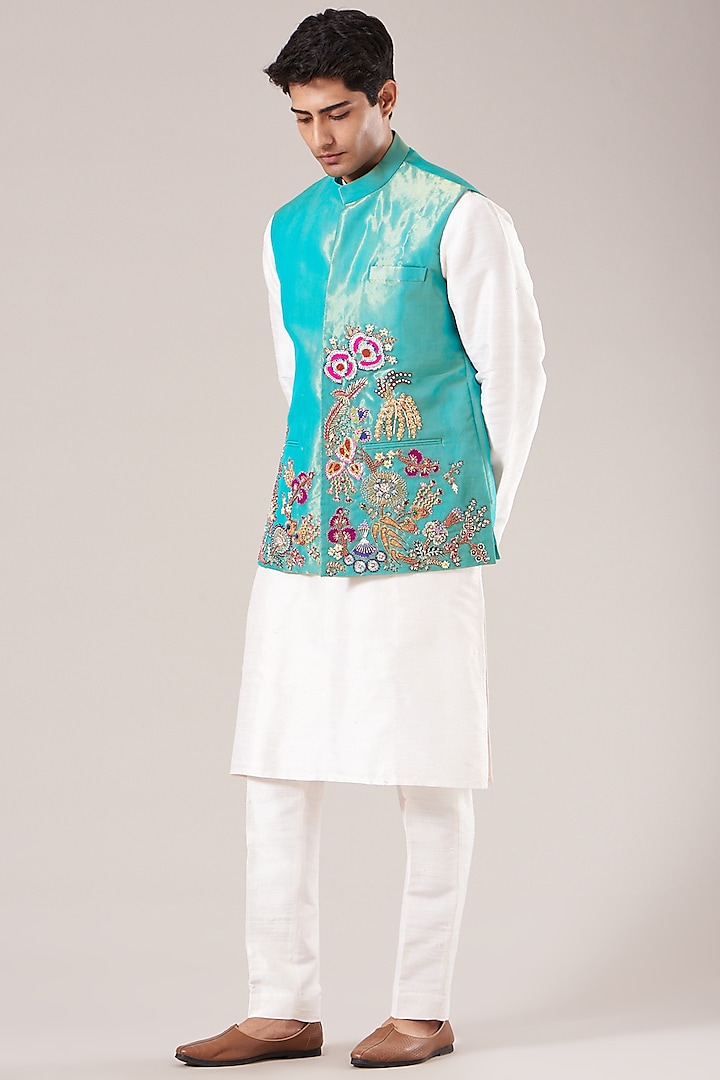 White Kurta Set With Embellished Bundi Jacket by Aisha Rao Men