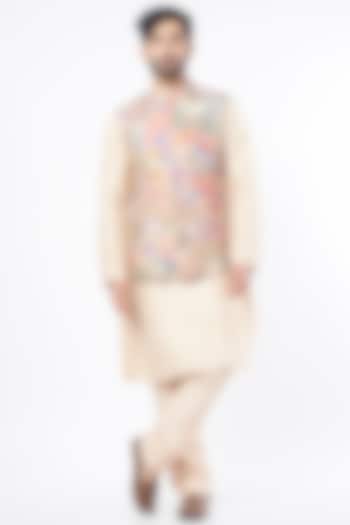 Beige Kurta Set With Bundi Jacket by Aisha Rao Men
