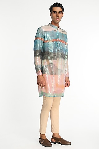 Multi-Colored Sequins Tulle Printed Kurta Set by Aisha Rao Men