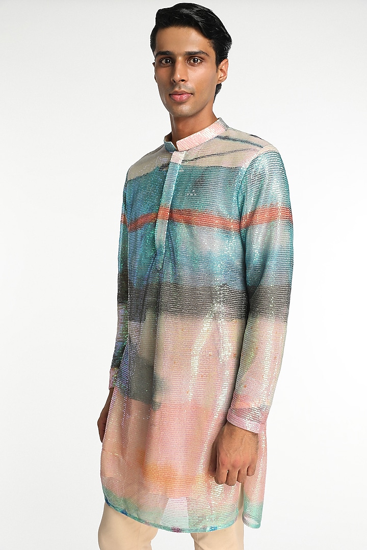 Multi-Colored Sequins Tulle Printed Kurta Set by Aisha Rao Men at Pernia's Pop Up Shop