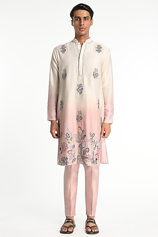 Ivory & Pink Chanderi Silk Embellished Ombre Kurta Set by Aisha Rao Men