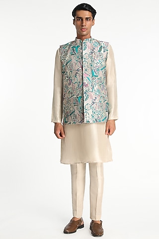 Blue Jacquard Bundi Jacket Set by Aisha Rao Men