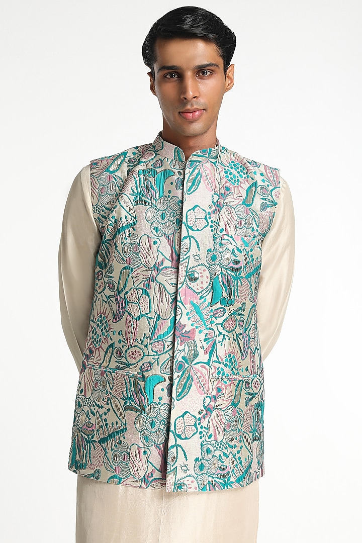 Blue Jacquard Bundi Jacket Set by Aisha Rao Men at Pernia's Pop Up Shop