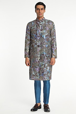 Sapphire Blue Habutai Silk Printed & Embellished Kurta Set by Aisha Rao Men