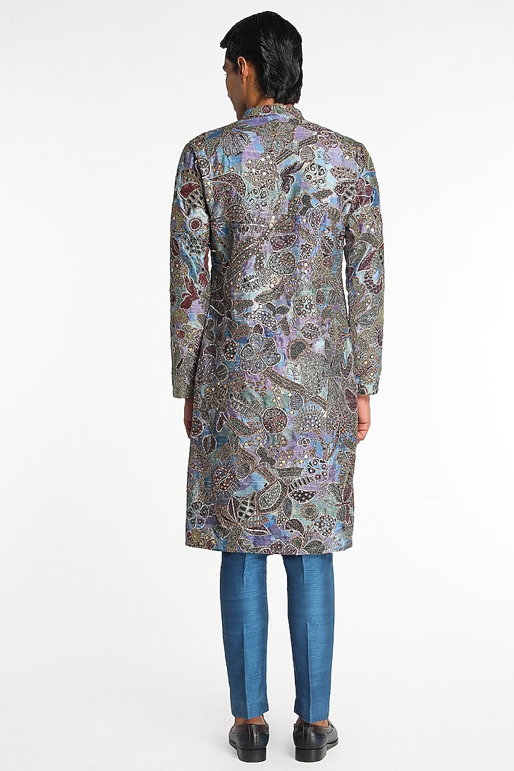Sapphire Blue Habutai Silk Printed & Embellished Kurta Set by Aisha Rao Men at Pernia's Pop Up Shop