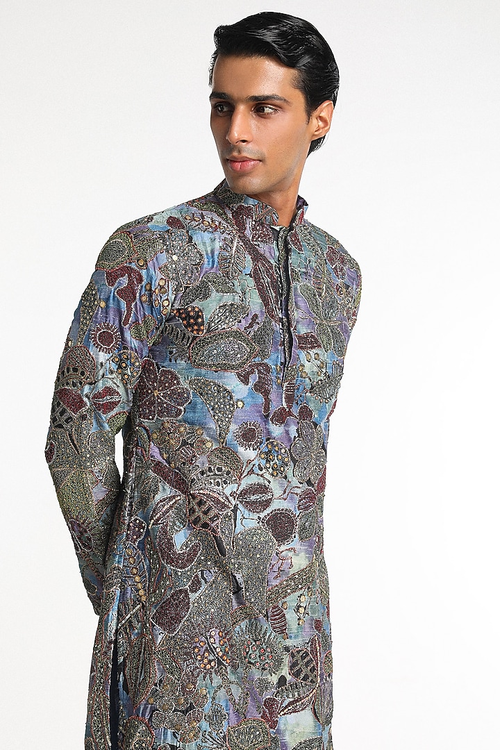 Sapphire Blue Habutai Silk Printed & Embellished Kurta Set by Aisha Rao Men at Pernia's Pop Up Shop