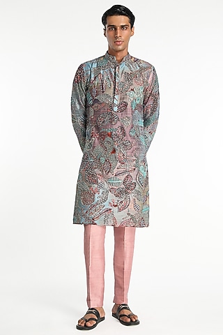 Orange-Blue Habutai Silk Printed & Embellished Kurta Set by Aisha Rao Men