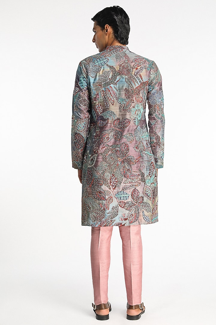 Orange-Blue Habutai Silk Printed & Embellished Kurta Set by Aisha Rao Men at Pernia's Pop Up Shop