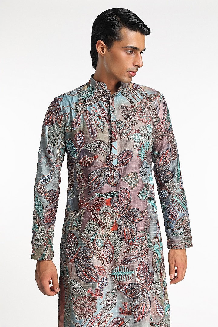 Orange-Blue Habutai Silk Printed & Embellished Kurta Set by Aisha Rao Men at Pernia's Pop Up Shop
