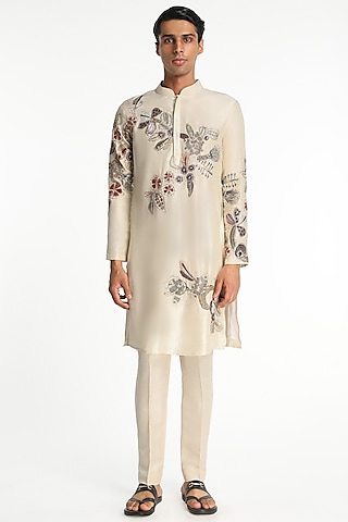Ivory Dupion Silk Applique Embellished Kurta Set by Aisha Rao Men