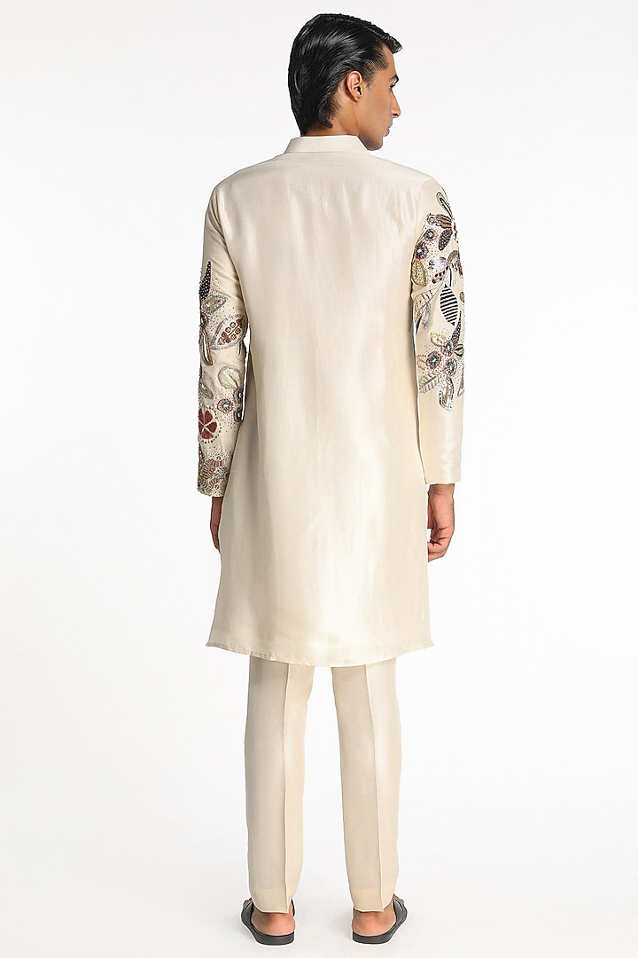 Ivory Dupion Silk Applique Embellished Kurta Set by Aisha Rao Men at Pernia's Pop Up Shop