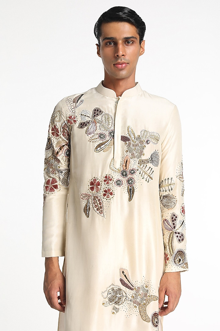 Ivory Dupion Silk Applique Embellished Kurta Set by Aisha Rao Men at Pernia's Pop Up Shop