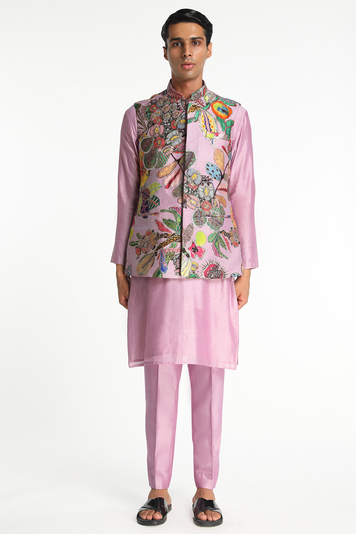 Lilac Kora Dupion Printed & Embellished Bundi Jacket Set by Aisha Rao Men