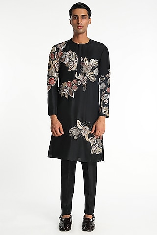 Black Dupion Silk Applique Embellished Kurta Set by Aisha Rao Men