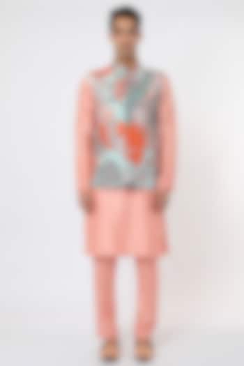 Ice Blue Raw Silk Bundi Jacket Set by Aisha Rao Men