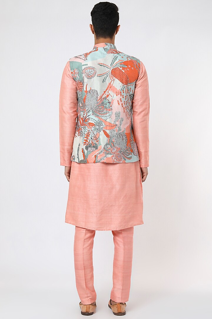 Ice Blue Raw Silk Bundi Jacket Set by Aisha Rao Men at Pernia's Pop Up Shop