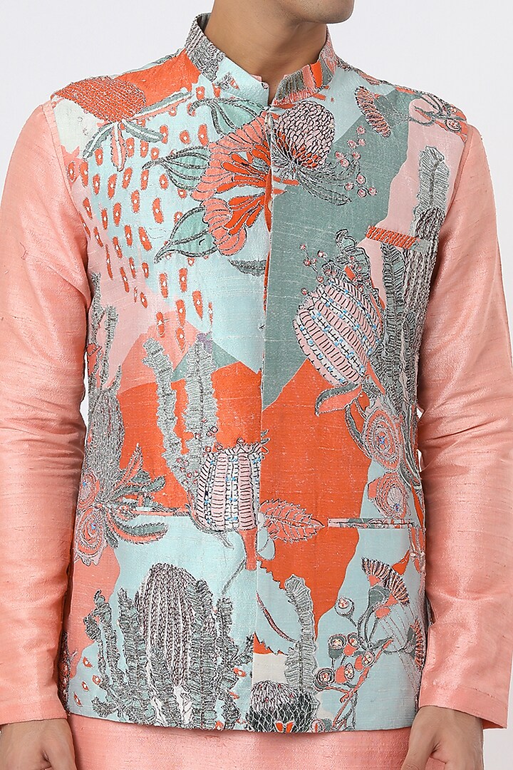 Ice Blue Raw Silk Bundi Jacket Set by Aisha Rao Men at Pernia's Pop Up Shop