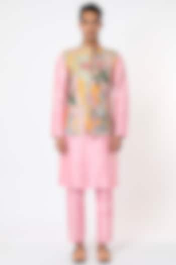 Multi-Colored Silk Bundi Jacket With Kurta Set by Aisha Rao Men