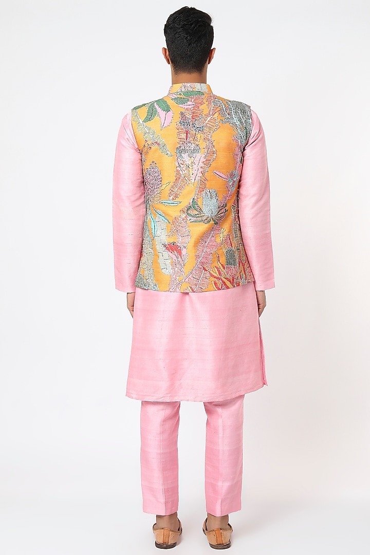Multi-Colored Raw Silk Bundi Jacket Set by Aisha Rao Men at Pernia's Pop Up Shop