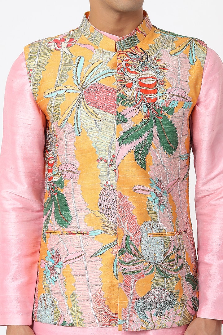 Multi-Colored Raw Silk Bundi Jacket Set by Aisha Rao Men at Pernia's Pop Up Shop