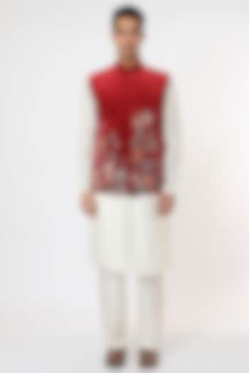 Red Velvet Bundi Jacket Set by Aisha Rao Men