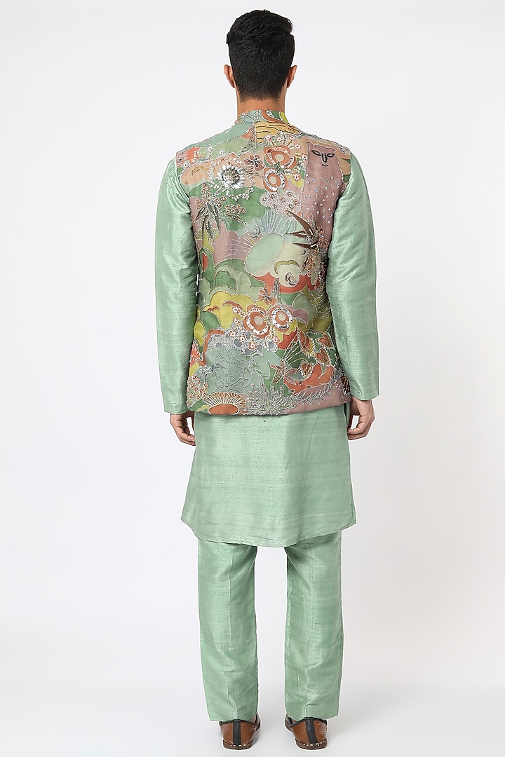 Multi-Colored Raw Silk Printed & Embellished Bundi Jacket Set by Aisha Rao Men at Pernia's Pop Up Shop