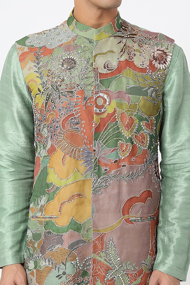 Multi-Colored Raw Silk Printed & Embellished Bundi Jacket Set by Aisha Rao Men at Pernia's Pop Up Shop