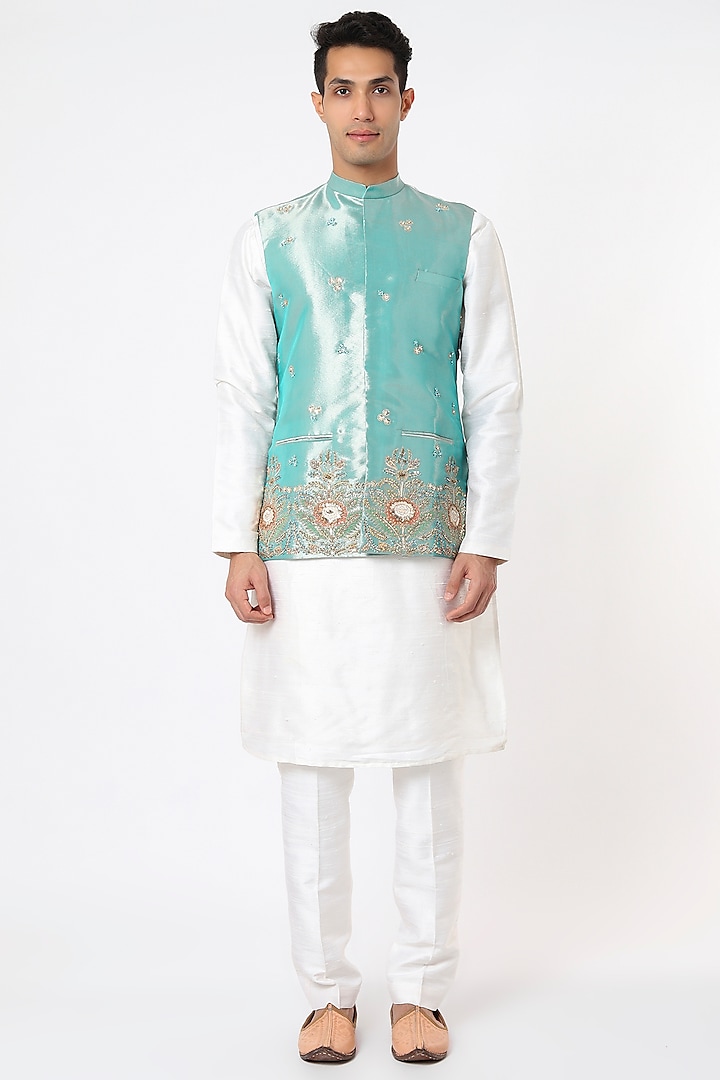 Turquoise Embellished Bundi Jacket With Kurta Set by Aisha Rao Men