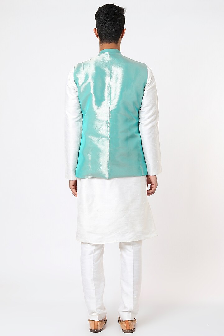 Turquoise Tissue Embellished Bundi Jacket Set by Aisha Rao Men at Pernia's Pop Up Shop
