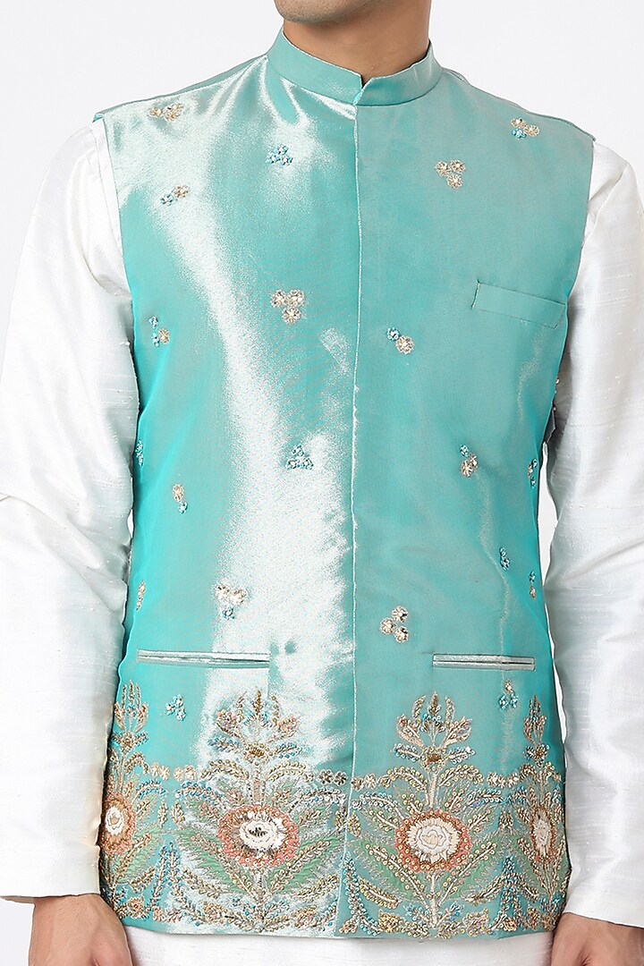 Turquoise Tissue Embellished Bundi Jacket Set by Aisha Rao Men at Pernia's Pop Up Shop
