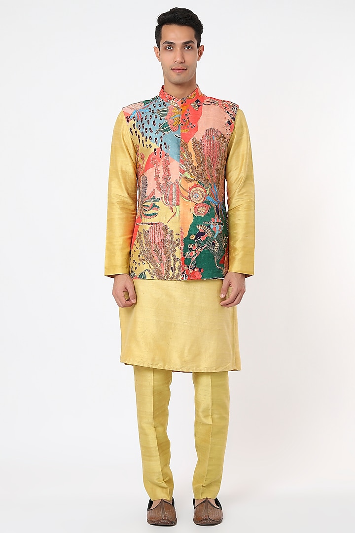 Multi-Colored Embellished Bundi Jacket With Kurta Set by Aisha Rao Men