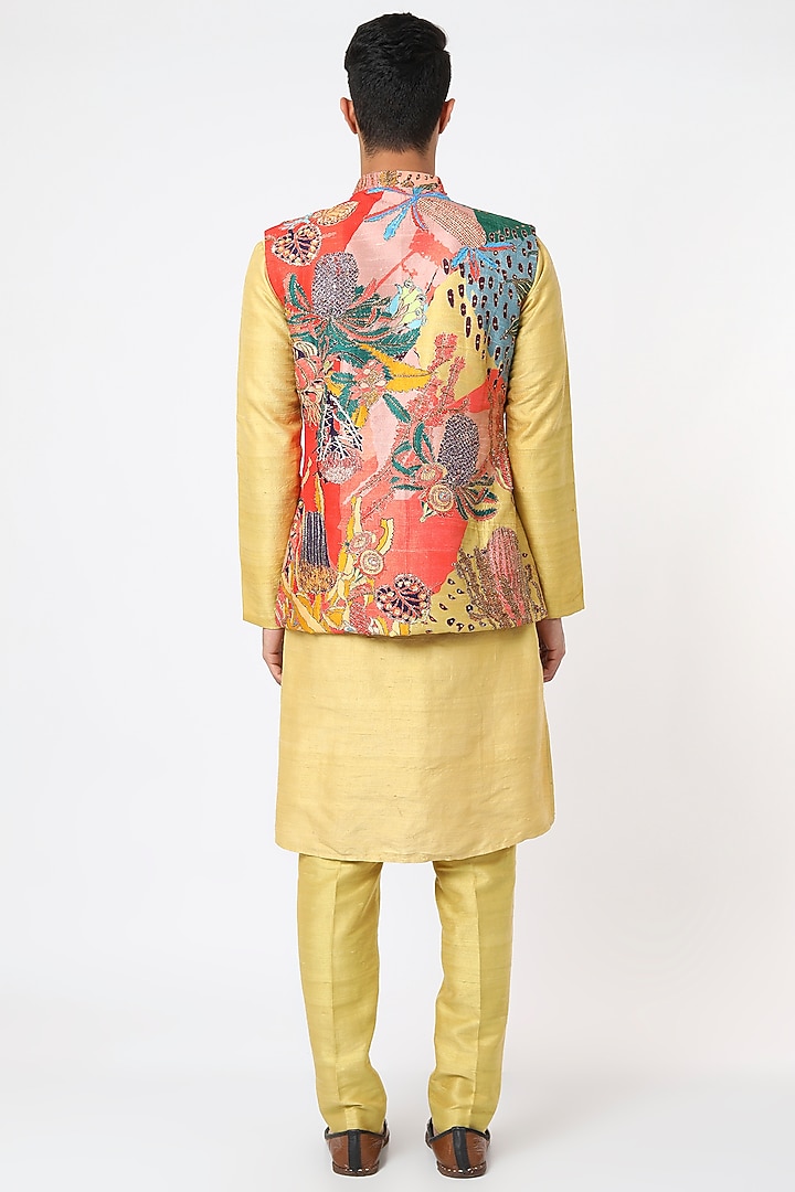 Multi-Colored Raw Silk Printed & Embellished Bundi Jacket Set by Aisha Rao Men at Pernia's Pop Up Shop