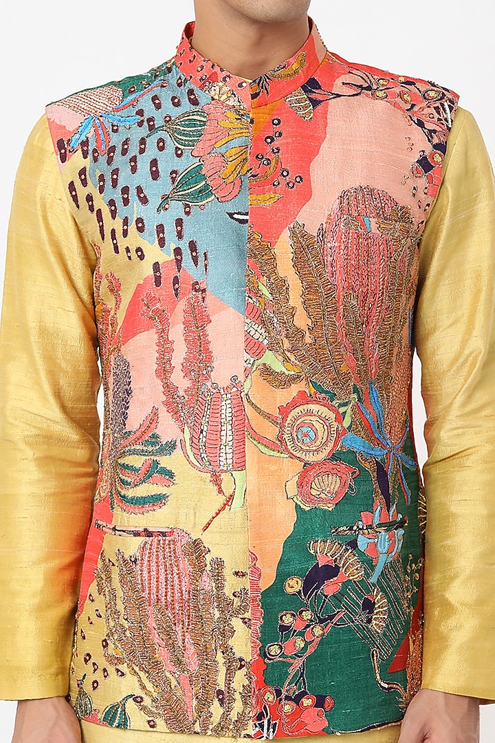 Multi-Colored Raw Silk Printed & Embellished Bundi Jacket Set by Aisha Rao Men at Pernia's Pop Up Shop