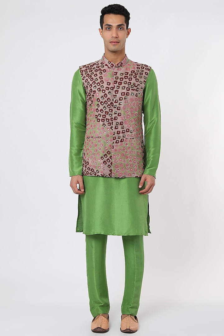 Green Kurta Set With Bundi Jacket by Aisha Rao Men