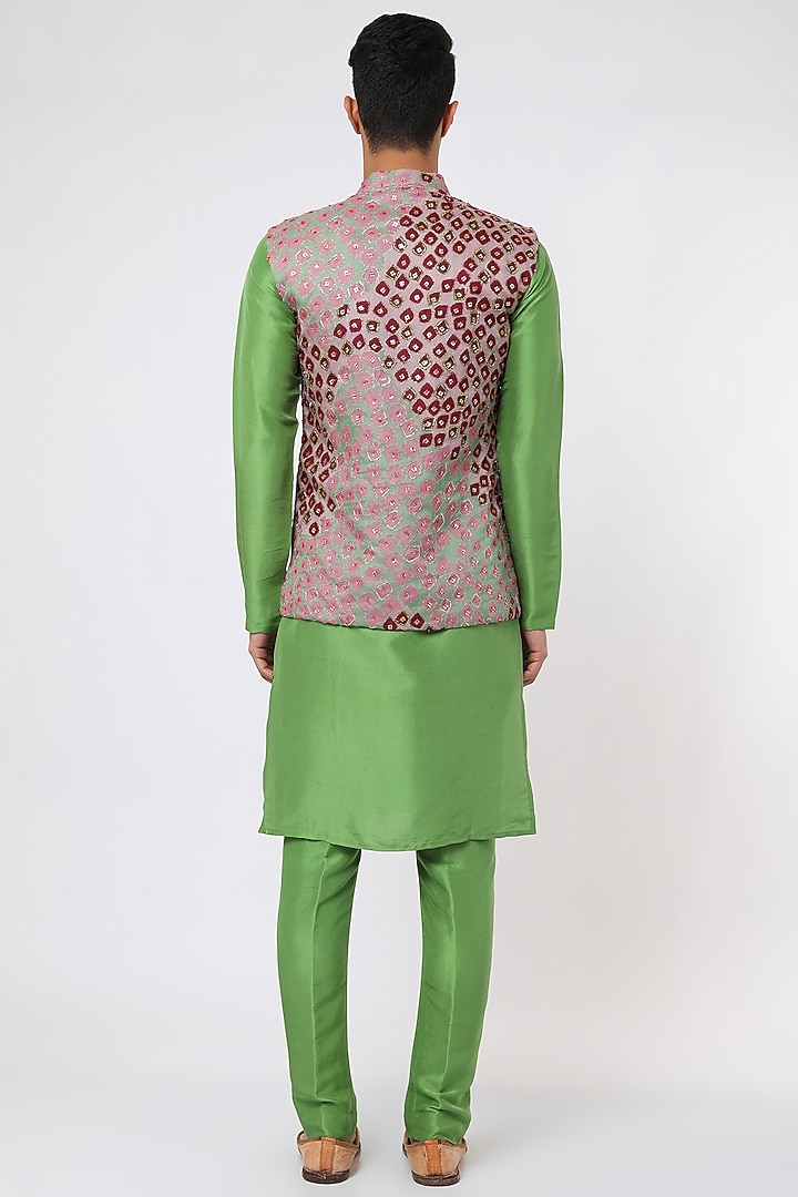Green Raw Silk Embellished Bundi Jacket Set by Aisha Rao Men at Pernia's Pop Up Shop