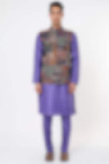 Dark Blue Embellished Bundi Jacket With Kurta Set by Aisha Rao Men