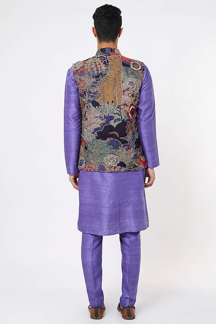 Dark Blue Raw Silk Printed Bundi Jacket Set by Aisha Rao Men at Pernia's Pop Up Shop