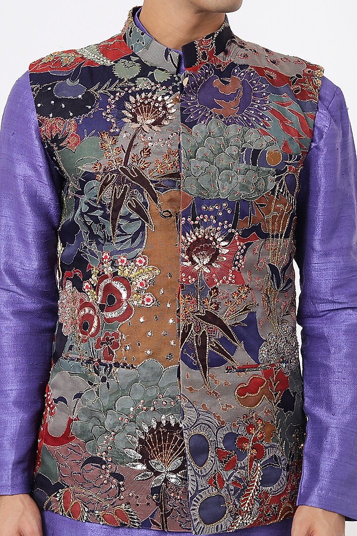 Dark Blue Raw Silk Printed Bundi Jacket Set by Aisha Rao Men at Pernia's Pop Up Shop